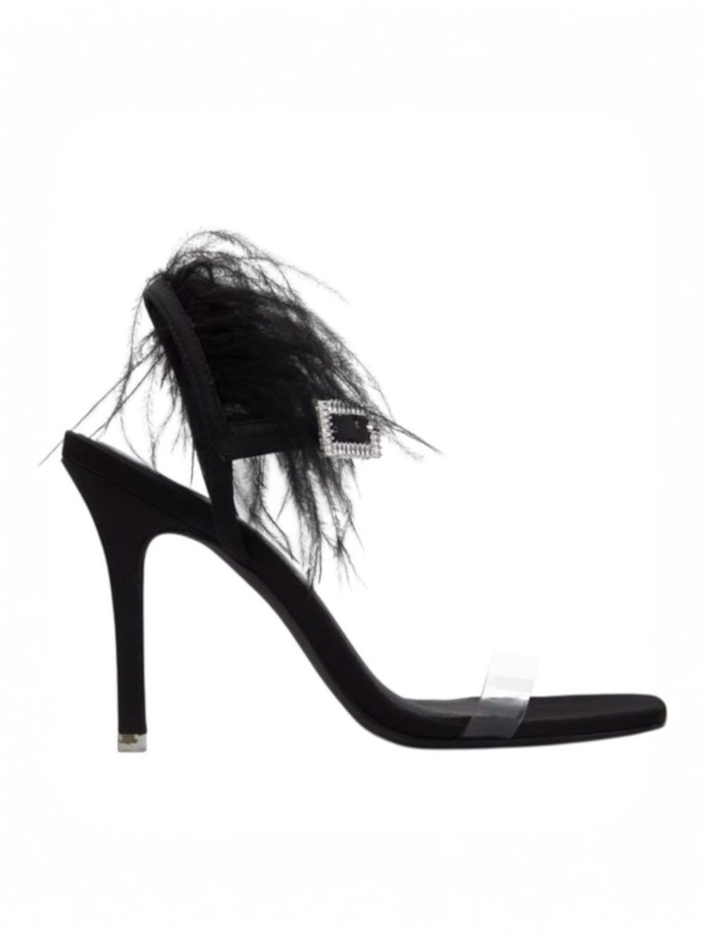 BLACK SUEDE STUDIO Trinity Satin Leather Ostrich‎ Feather Black Sandals Size 10